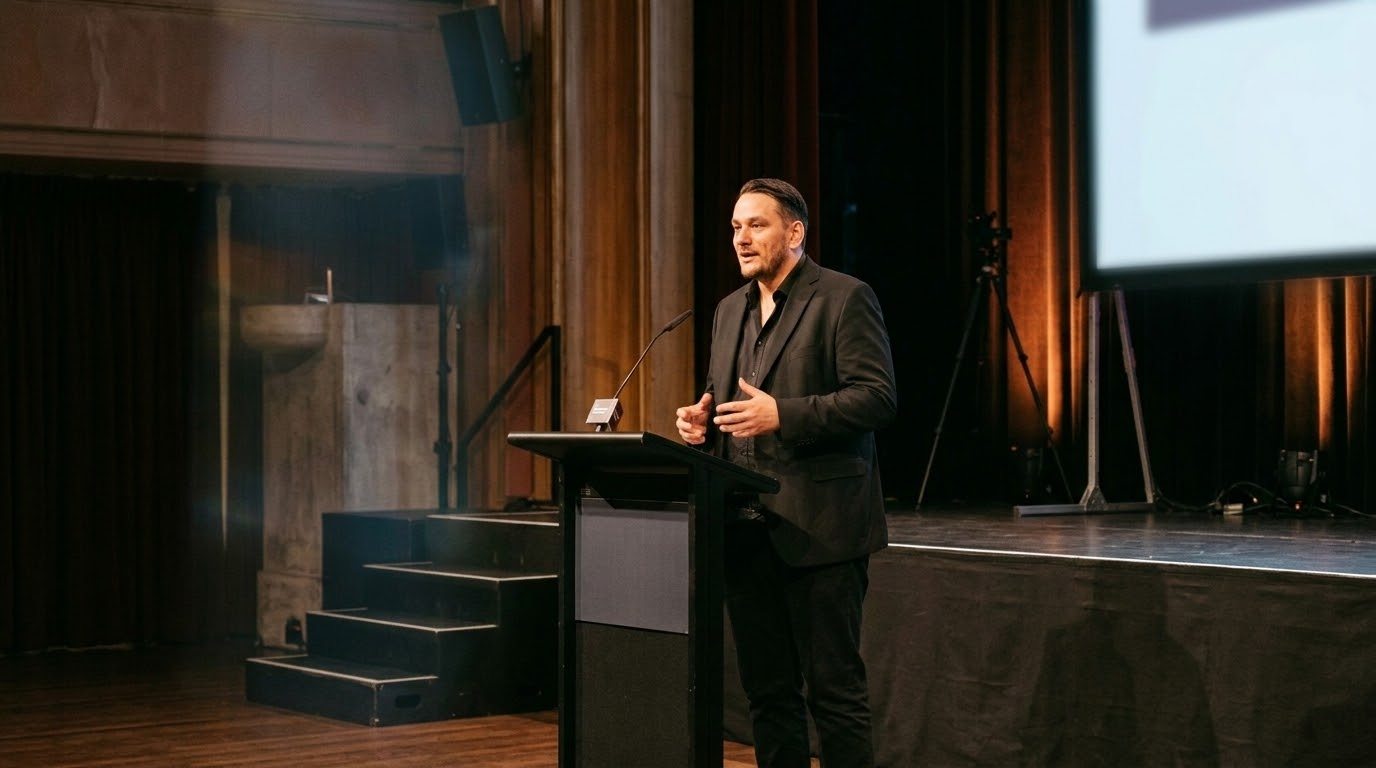 Alex Dirdara speaking on stage